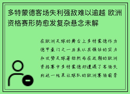 多特蒙德客场失利强敌难以逾越 欧洲资格赛形势愈发复杂悬念未解