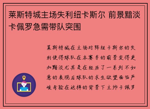 莱斯特城主场失利纽卡斯尔 前景黯淡卡佩罗急需带队突围