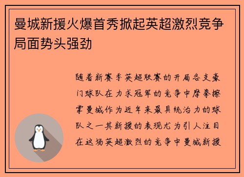 曼城新援火爆首秀掀起英超激烈竞争局面势头强劲