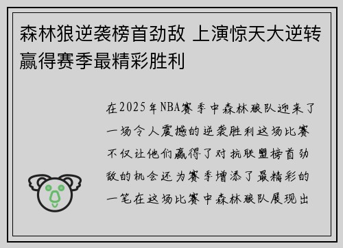 森林狼逆袭榜首劲敌 上演惊天大逆转赢得赛季最精彩胜利