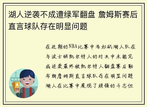 湖人逆袭不成遭绿军翻盘 詹姆斯赛后直言球队存在明显问题